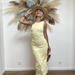 Robe midi brodée SOLEIL jaune citron